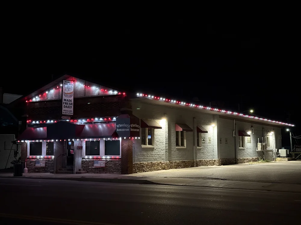 Wheeler’s Restaurant illuminated with red and white holiday lights